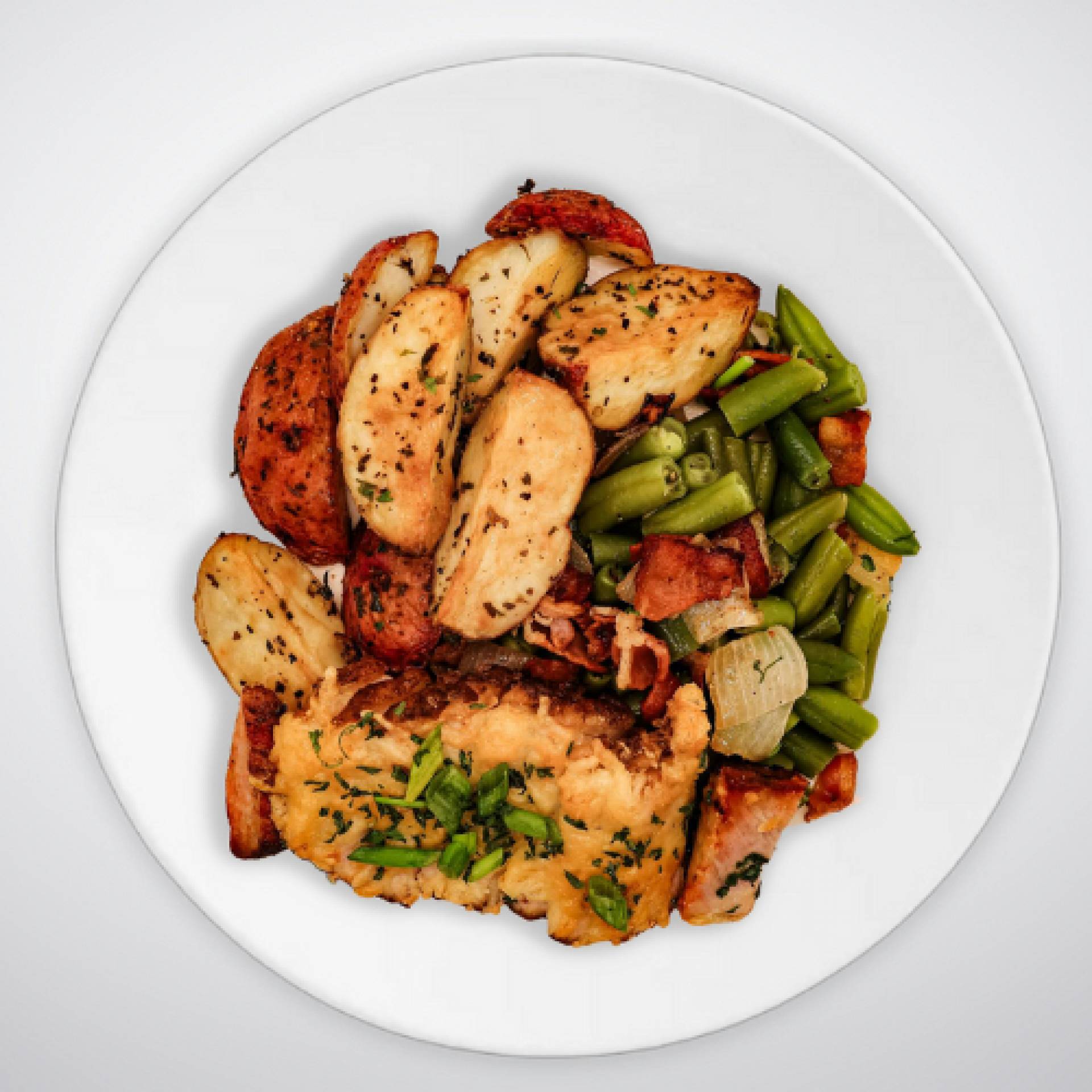 Garlic Roasted Pork Loin with Roasted Potatoes and Steamed Green Beans