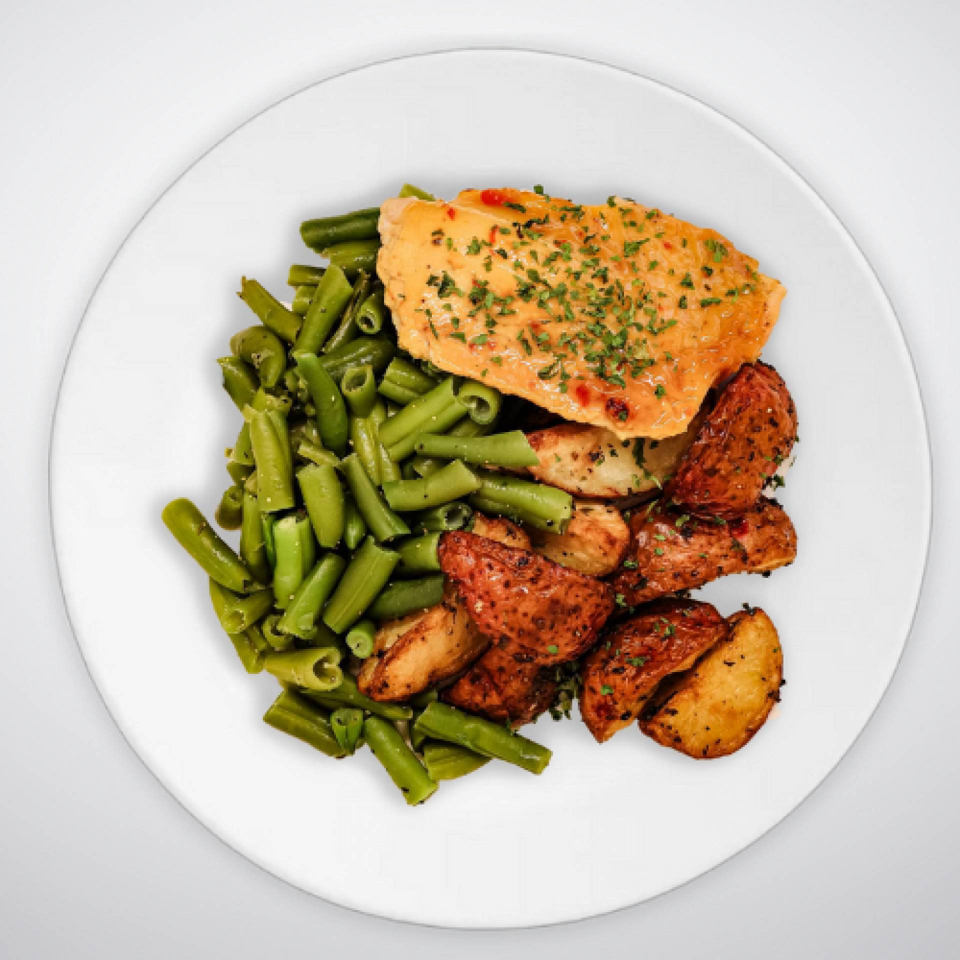 Honey Dijon Chicken Breast with Mashed Potatoes and Steamed Green Beans