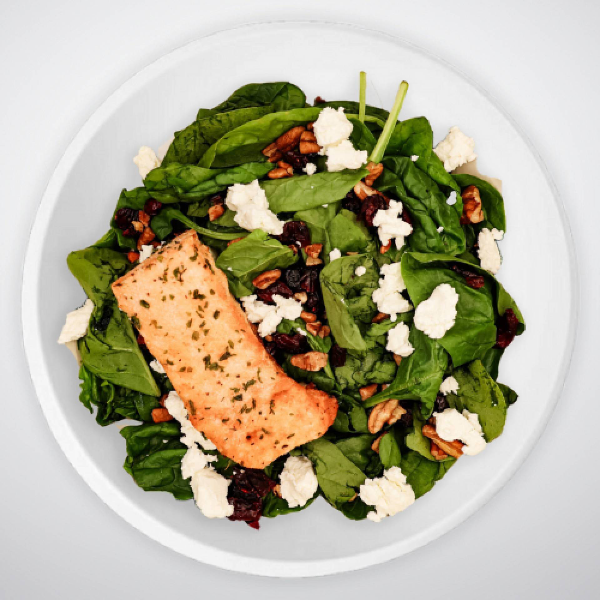 Salmon Spinach Salad with Cranberries, Pecans, Goat Cheese and Maple Vinaigrette