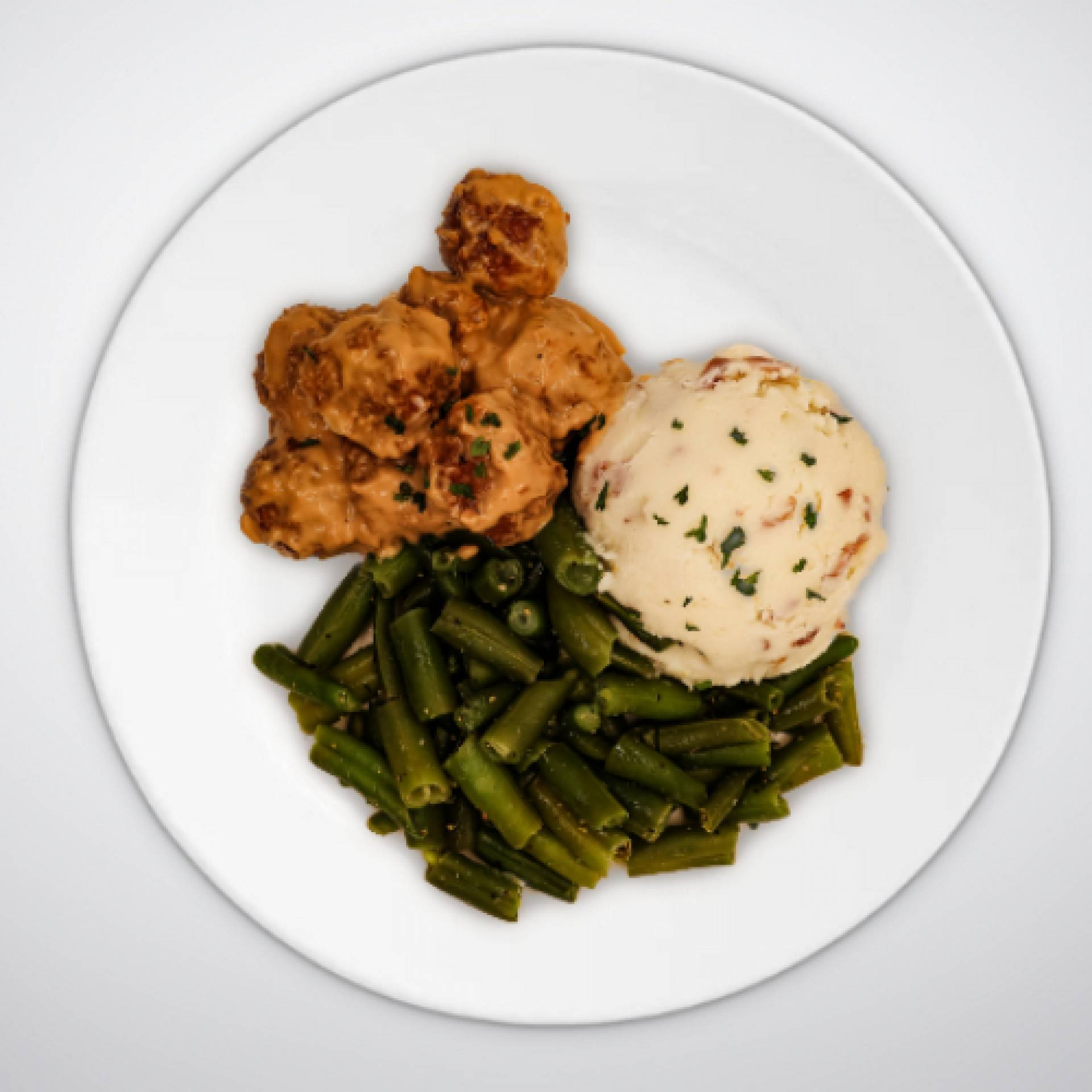 Swedish Meatballs with Mashed Potatoes and Green Beans