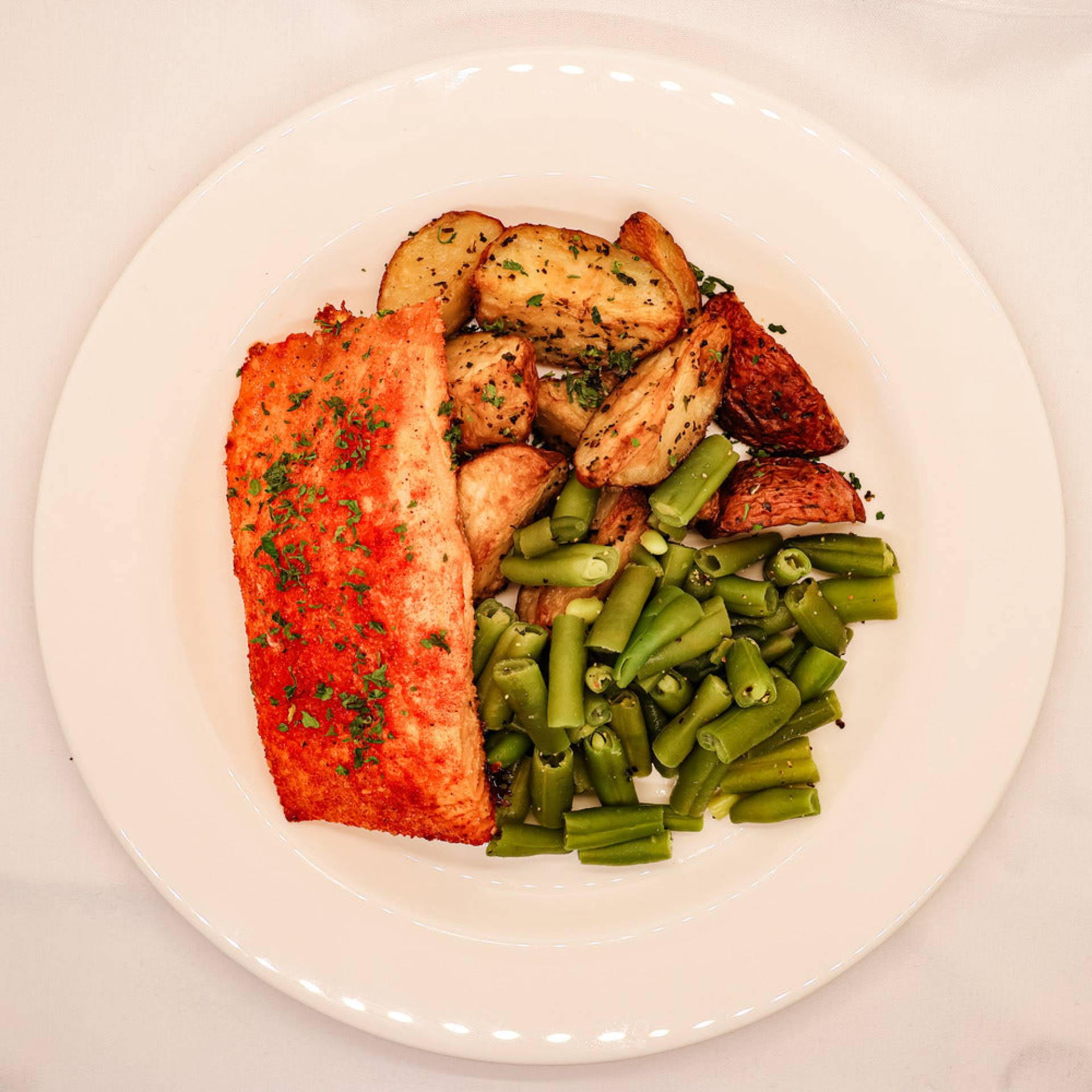 Maple Glazed Salmon with Roasted Potatoes and Sautéed Green Beans