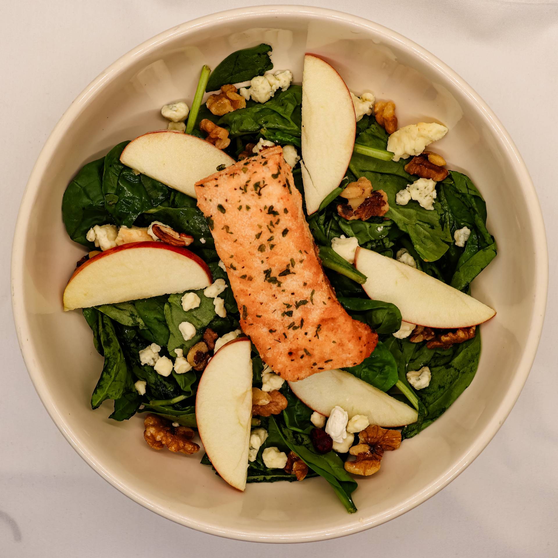 Salmon and Spinach Salad with Walnuts, Blue Cheese, and Apple