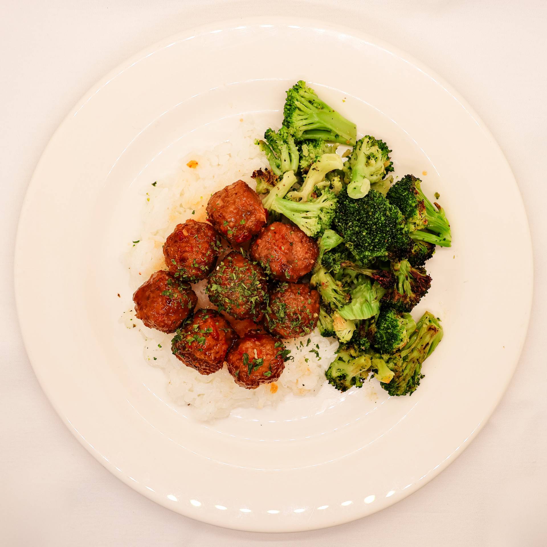 Sweet Chili Meatballs on Jasmine Rice with Roasted Broccoli