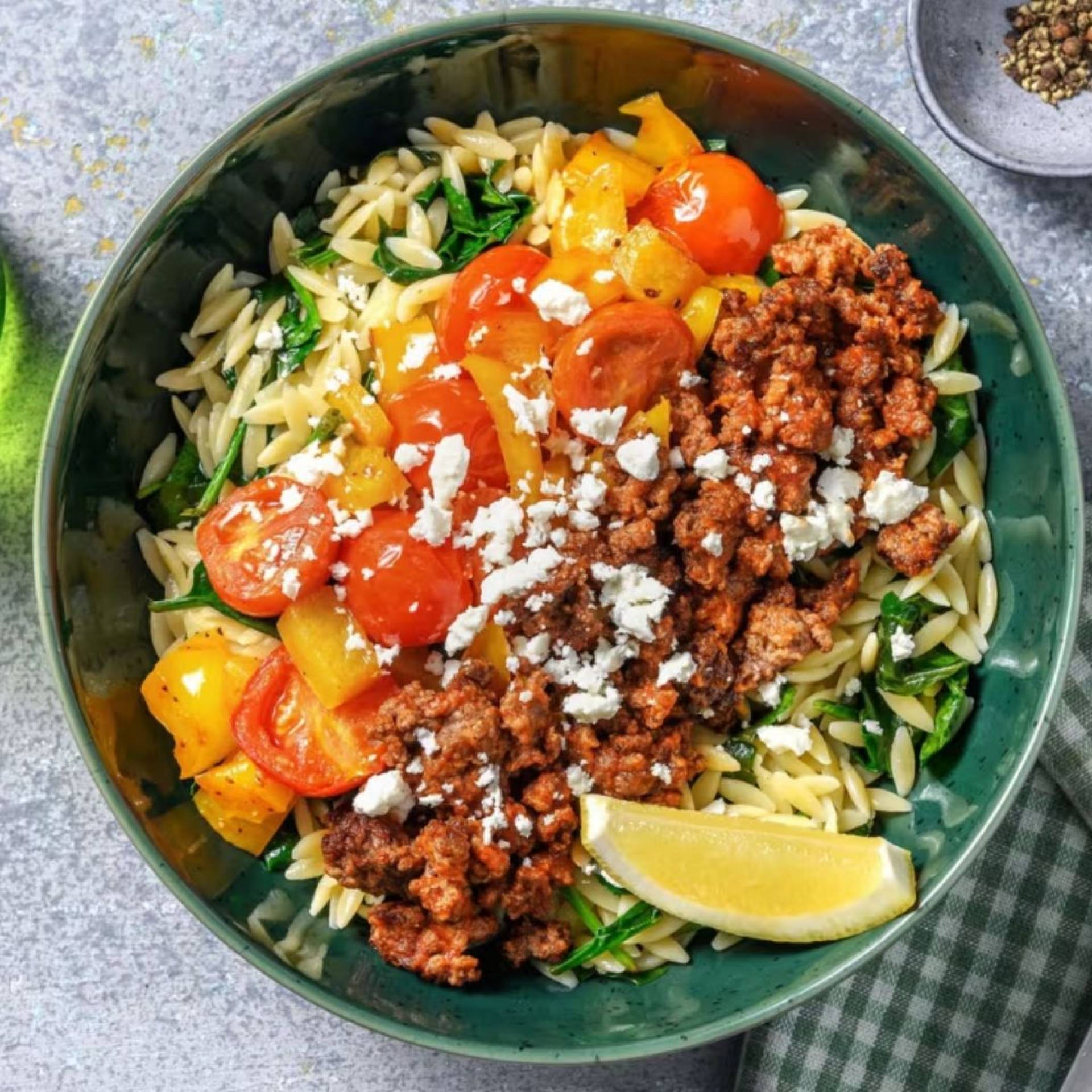 Mediterranean Ground Beef Bowl with Lemon Herb Orzo