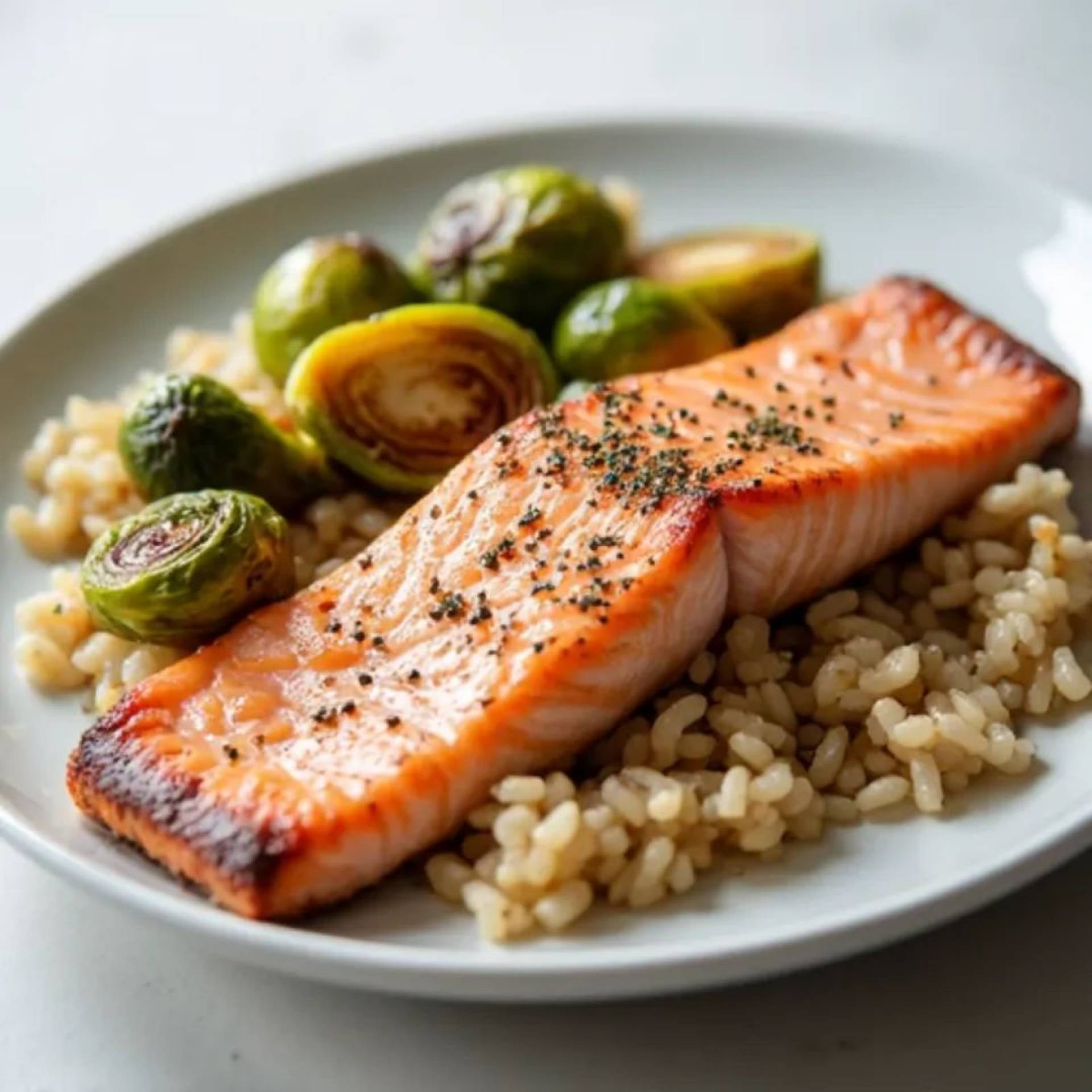 Maple-chipotle glazed salmon, brussels sprouts, and wild rice