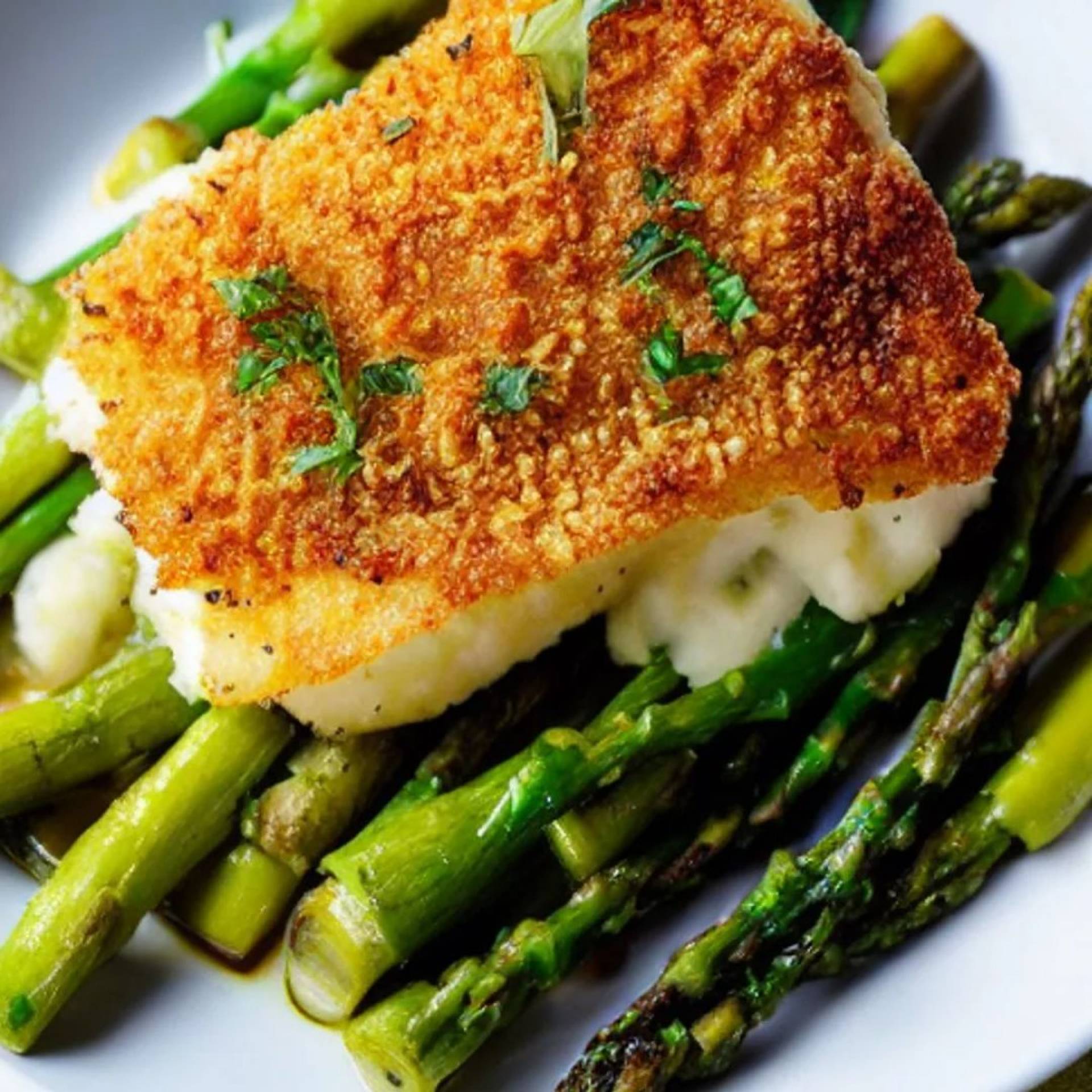 Crispy Parmesan Baked Cod with Roasted Lemon Asparagus and Garlic Mashed Potatoes